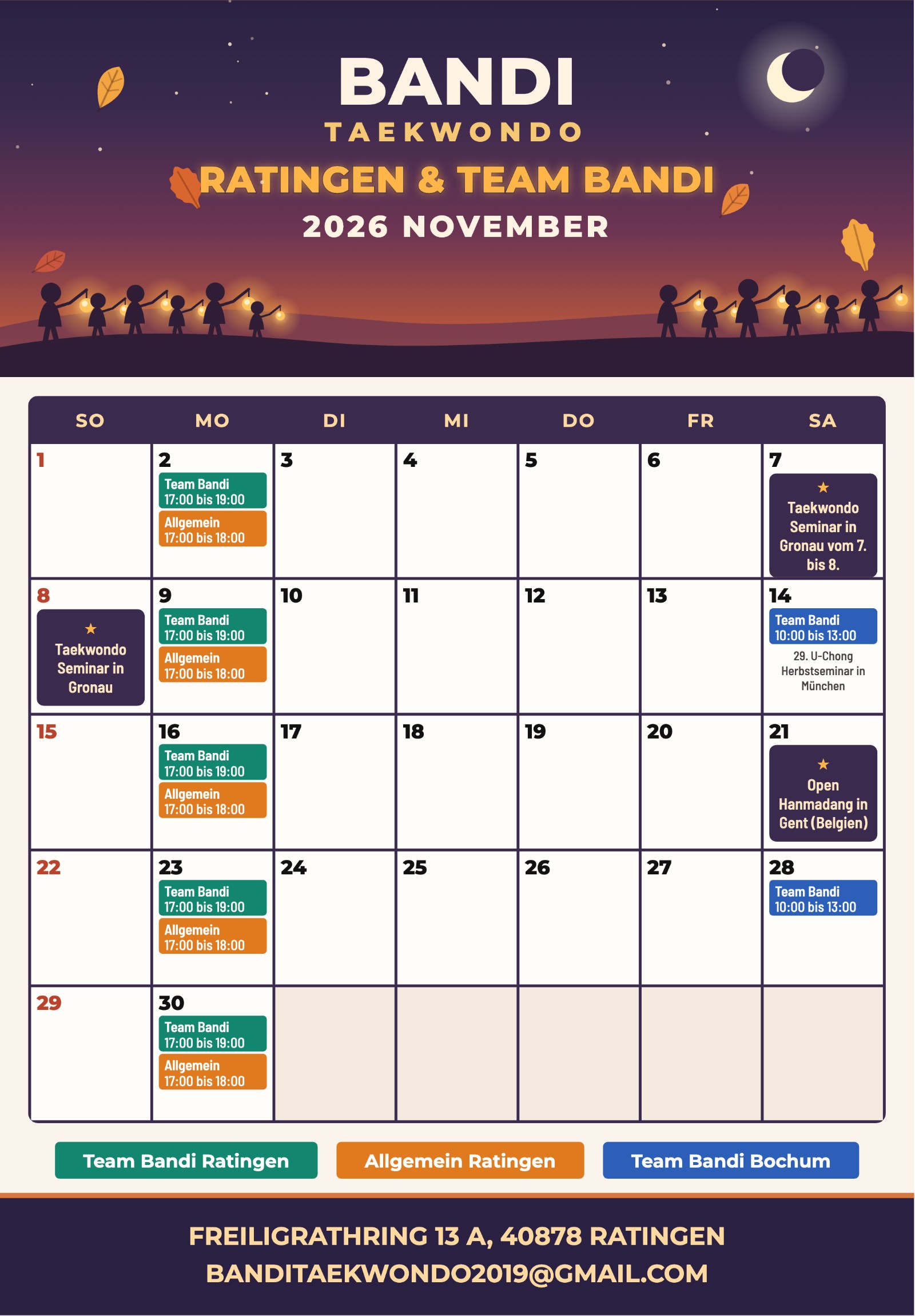 Trainingsplan November 2026 für Ratingen und Team Bandi
