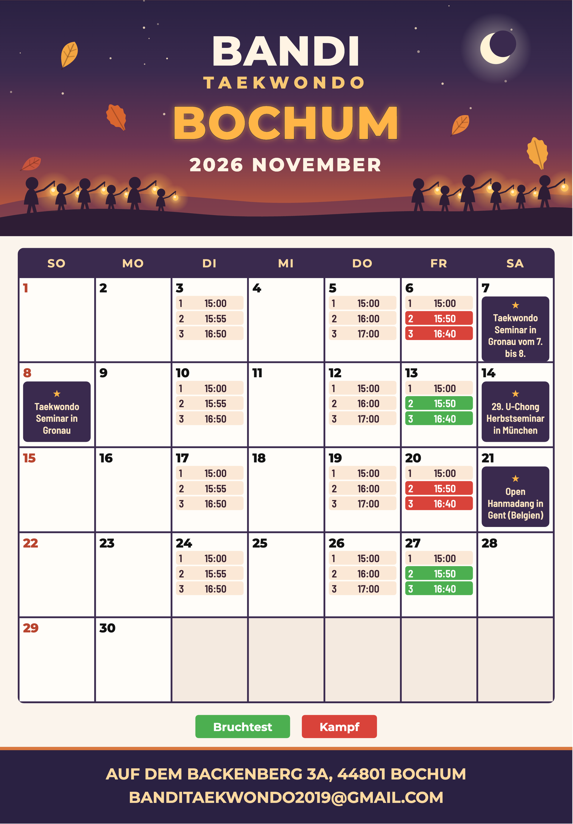Trainingsplan November 2026 von Bandi Taekwondo, Standort Bochum