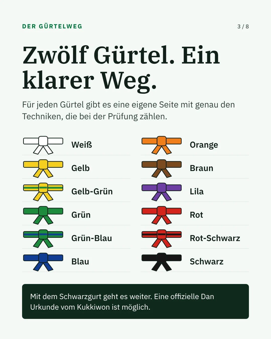 Zwölf Gürtel von Weiß bis Schwarz. Eine offizielle Dan Urkunde vom Kukkiwon ist möglich.