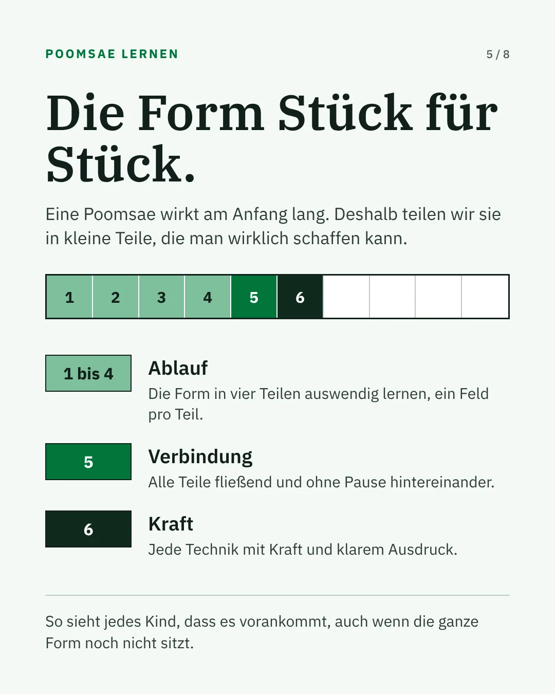 Die Poomsae Stück für Stück lernen, mit Ablauf, Verbindung und Kraft.