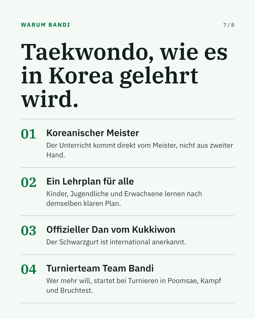 Warum Bandi Taekwondo. Koreanischer Meister, ein Lehrplan für alle, offizieller Dan vom Kukkiwon, Turnierteam Team Bandi.