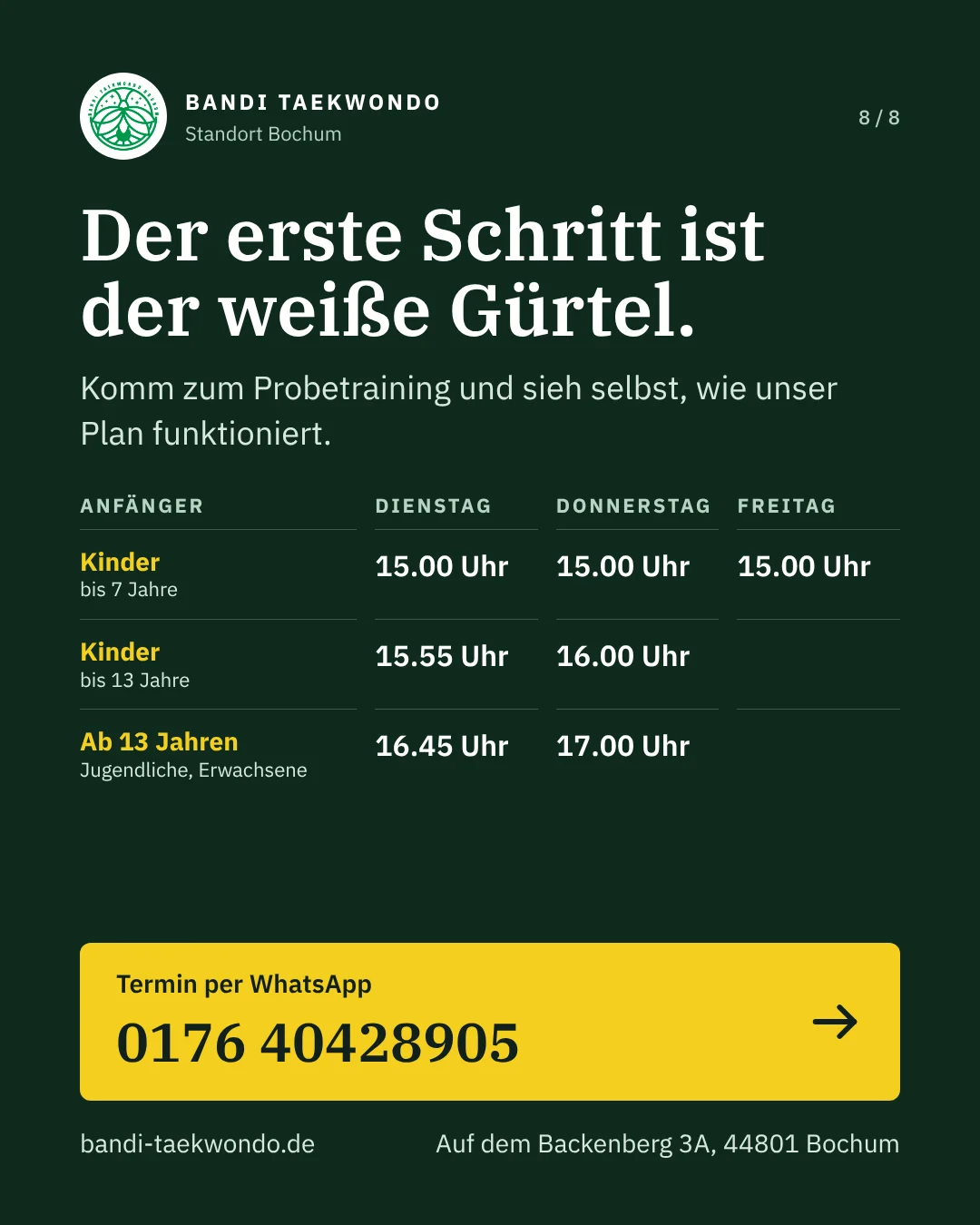 Probetraining in Bochum. Trainingszeiten für Kinder, Jugendliche und Erwachsene, Termin per WhatsApp.